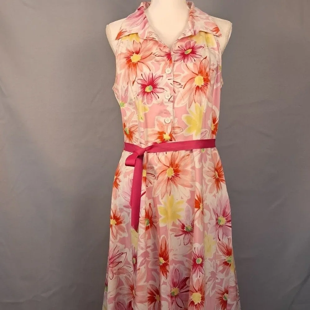 Vintage 90s SCARLETT 14‎ Floral Sleeveless Shirt Dress Pink Yellow Cottagecore